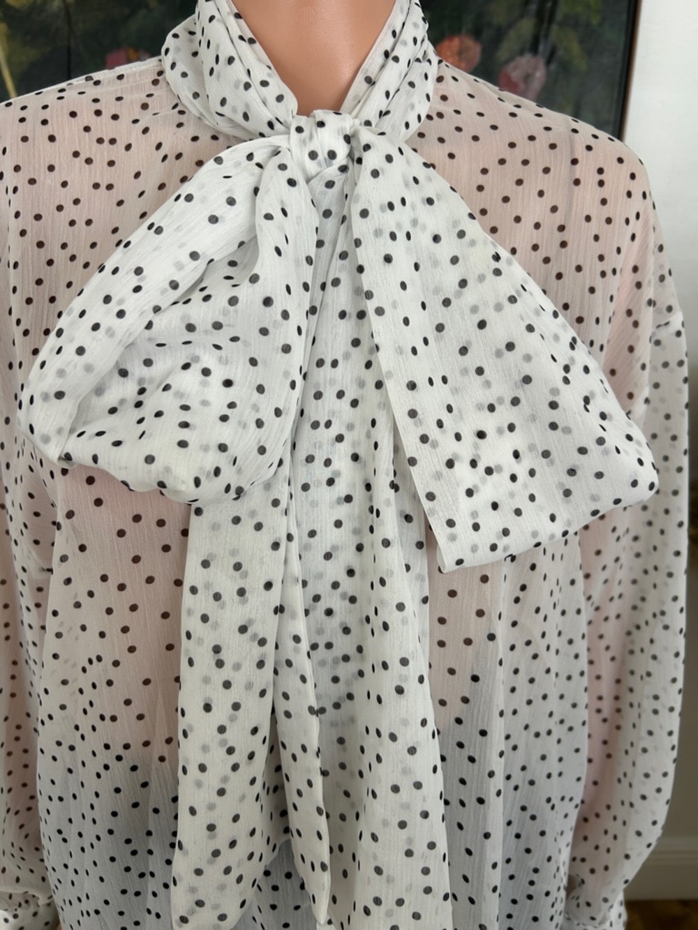Zara sheer white blouse with small black dots and bow at neck